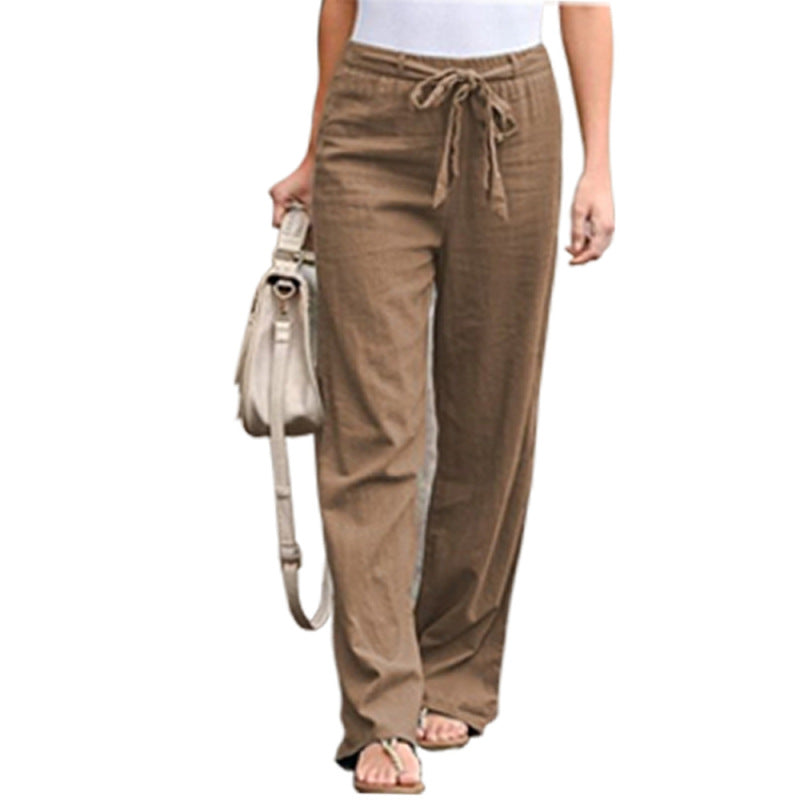 Women Solid Color Linen High Waist Lace Up Wide Leg Casual Pants