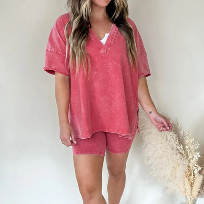 Women Fashion Casual Solid Color V-Neck Short-Sleeve Loose T-Shirt Tight Shorts Two-Piece Set