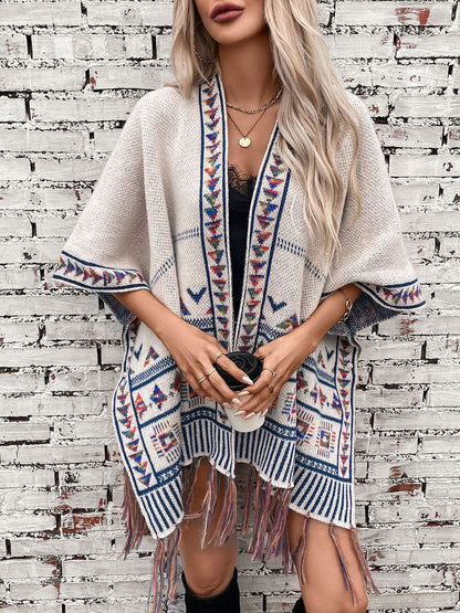 Capa con borlas de jacquard geométrico informal a la moda para mujer, estilo occidental, otoño e invierno