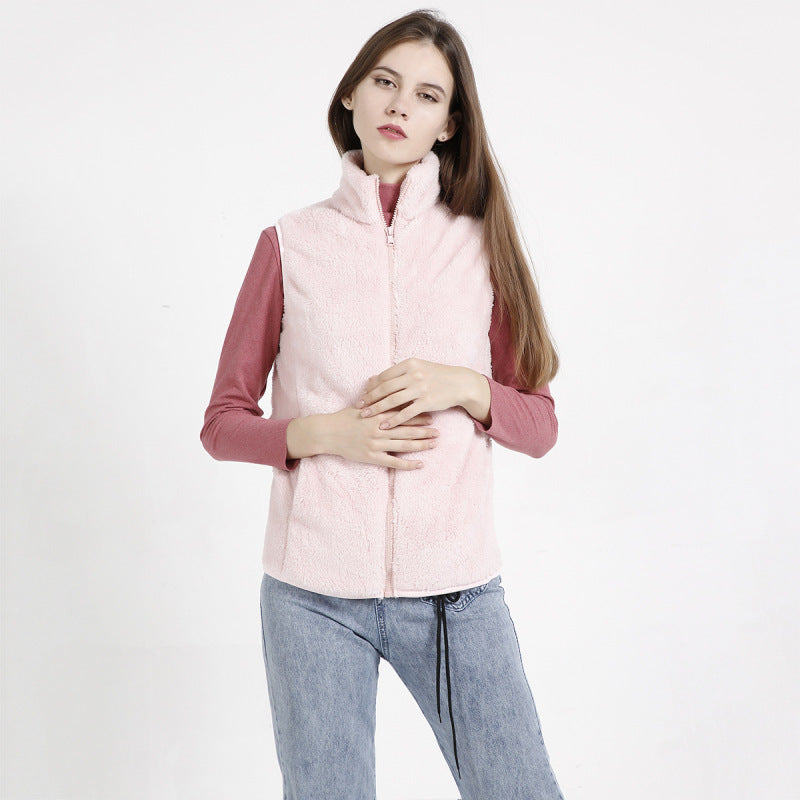 Chaleco informal de invierno de lana de color liso con cuello alto sin mangas para mujer