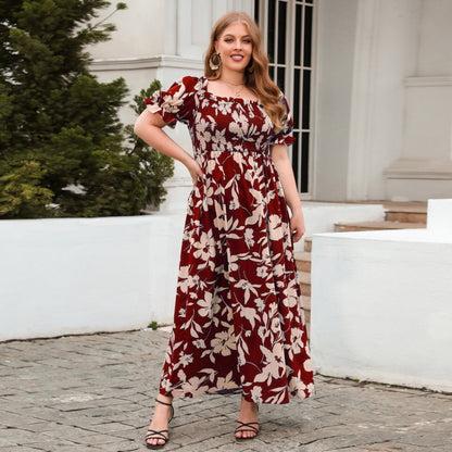 Women Fashion Casual Bohemian Floral Print Plus Size Dress