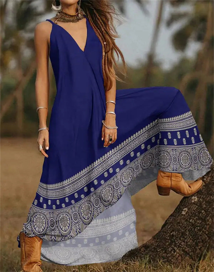 Women Fashion Casual Graphic Print V Neck Spaghetti Strap Maxi Dress