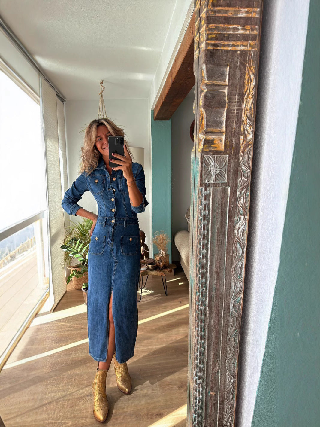 Women Fashion Casual Multi-Button Lapel Long Sleeve Slim Fit Denim Dress