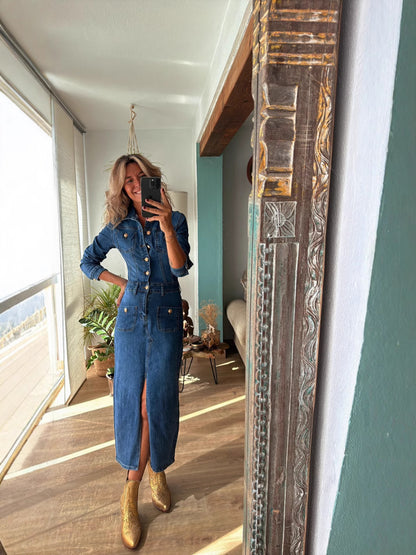 Women Fashion Casual Multi-Button Lapel Long Sleeve Slim Fit Denim Dress