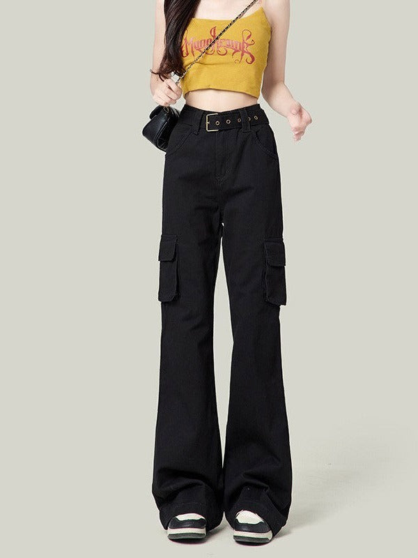Retro Casual Women High Waist Spice Solid Color Pocket Cargo Pants