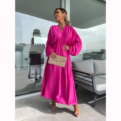 Women'S Casual Boho Solid Color Long Sleeve Pleated V-Neck Dress