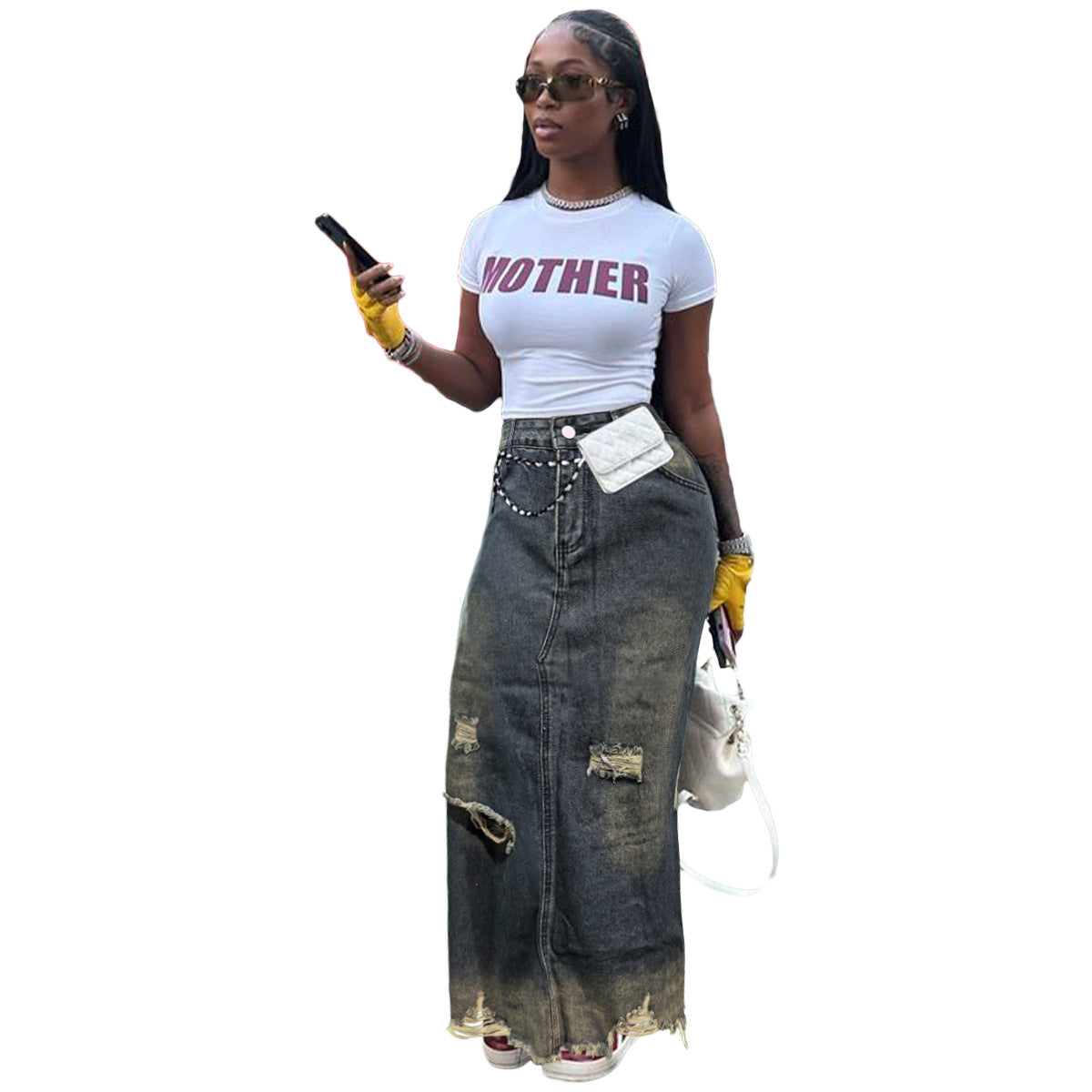 Women Fashion Casual Pocket Straight Loose Irregular Denim Skirt