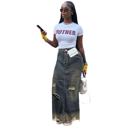 Women Fashion Casual Pocket Straight Loose Irregular Denim Skirt