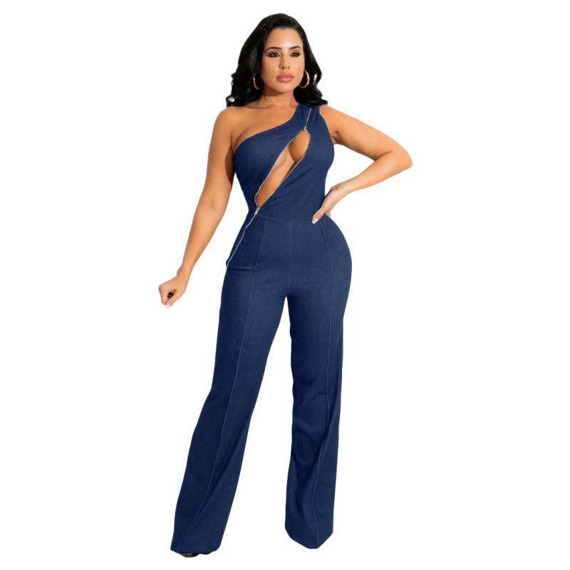 Women Elegant Night Out Fashion Casual Zipper Solid Color Sleevelsss Oblique Shoulder Jumpsuits