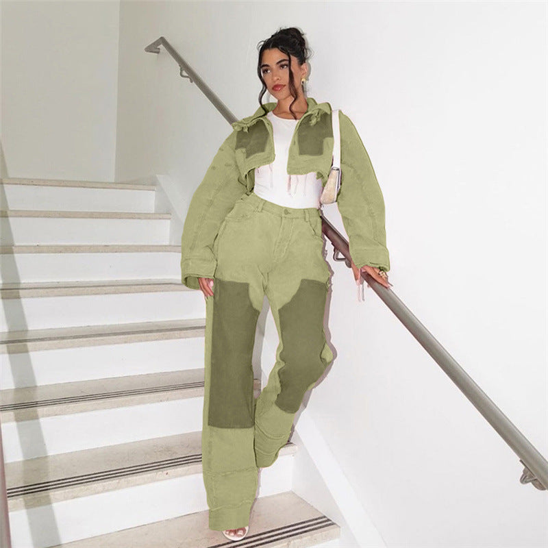 Vaqueros holgados de cintura alta con bloques de color informales a la moda para mujer