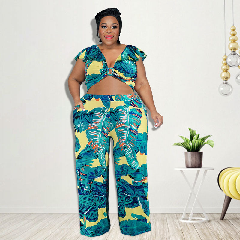 Plus Size Women Printed Casual Short Top And Pants Two Pieces Suit