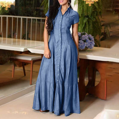 Women Fashion Casual Shirt Collar Pocket Large Dresses Denim Maxi Dress