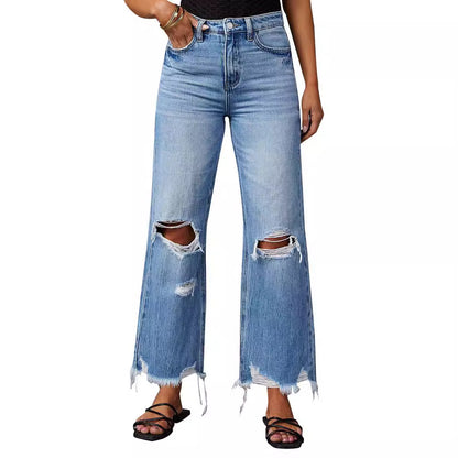 Women Casual Ripped High-Waist Straight Raw Hem Jeans