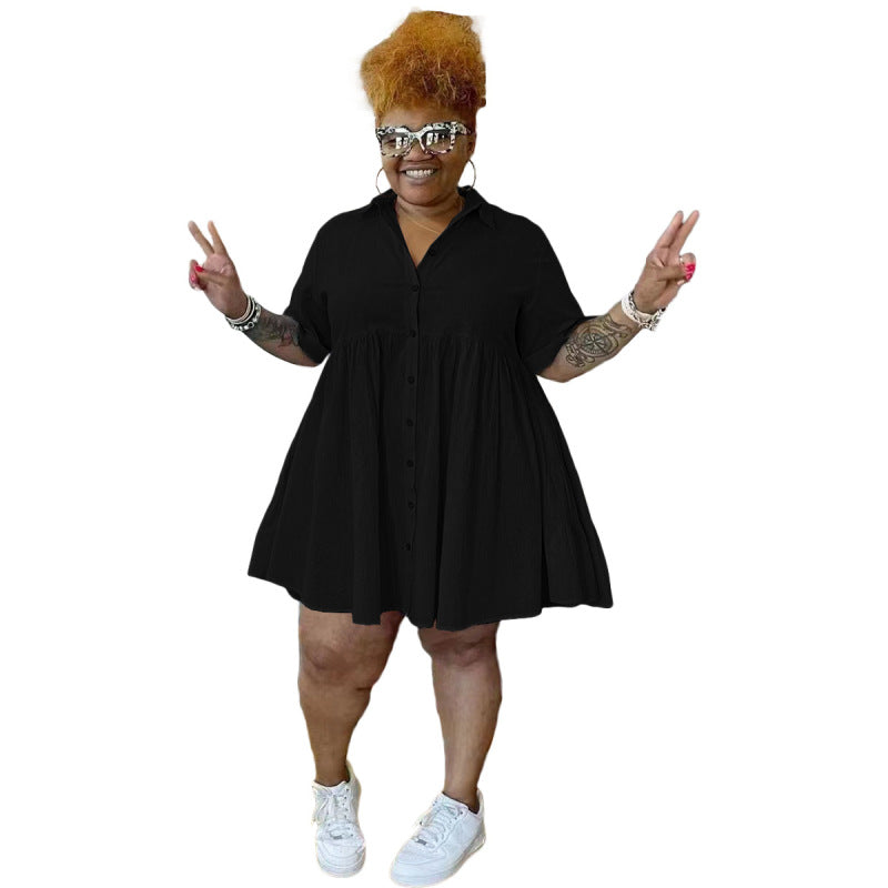 Women Casual Basic Solid Color Single-breasted Short Sleeves Plus Size Ruffled Dress
