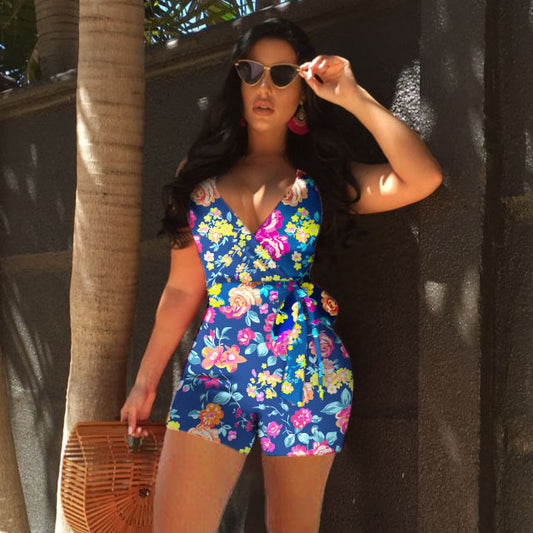 Women Fashion Casual Floral Printing Lace-Up Short Sleeve Romper