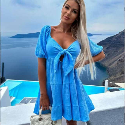 Women Fashion Casual Solid Color Lace-Up Short Sleeve Dress