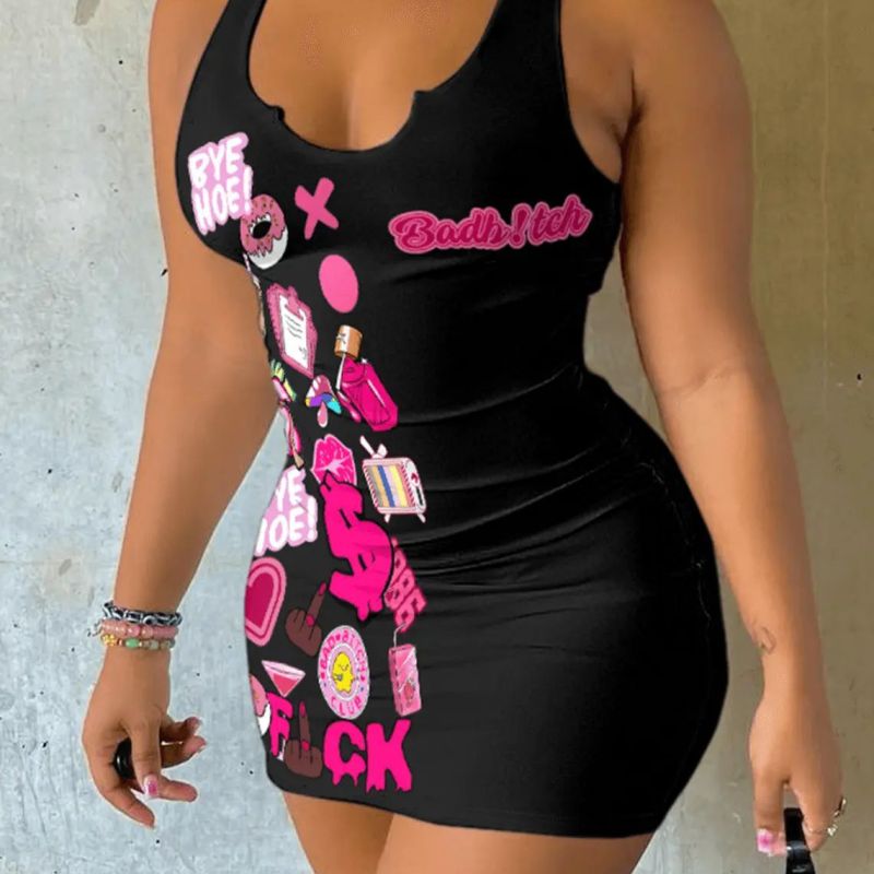 Vestido mini de tirantes con cuello en U y estampado gráfico de verano sexy e informal para mujer