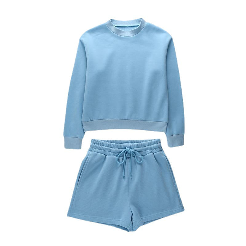 Women Fashion Casual Round Neck Sweatshirt Drawstring Shorts Two-Piece Set