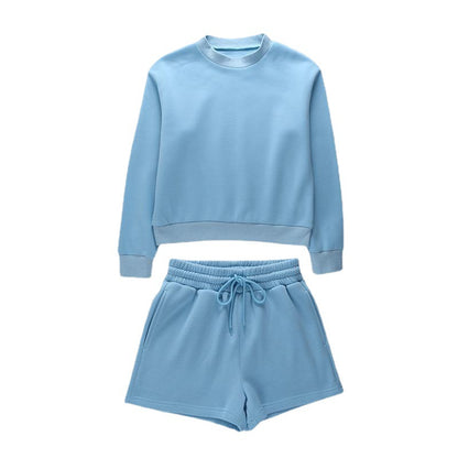 Women Fashion Casual Round Neck Sweatshirt Drawstring Shorts Two-Piece Set