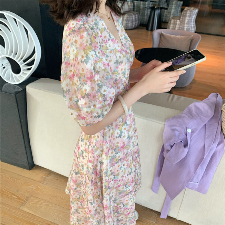 Women Casual Summer Vacation Sweet Puff Sleeve Floral V Neck Dress