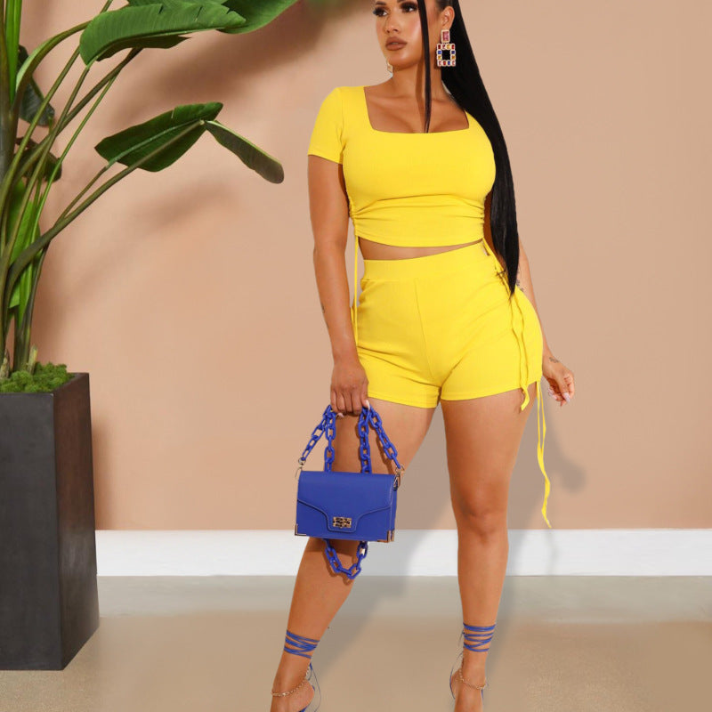 Women Solid Color Drawstring Casual Top And Shorts Two Pieces Set