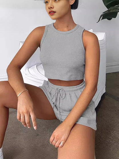 Conjunto de dos piezas formado por camiseta sin mangas y pantalones cortos con cordón, color liso, informal, a la moda de verano para mujer