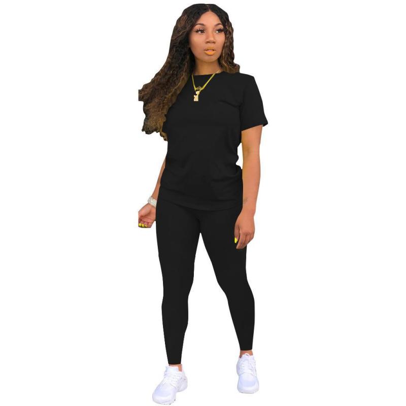 Conjunto de dos piezas de camiseta y pantalón de manga corta para mujer, informal, de color liso