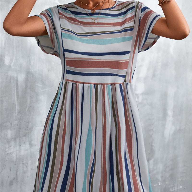 Summer Women Casual Elegant Stripe Print Color Blocking Dress