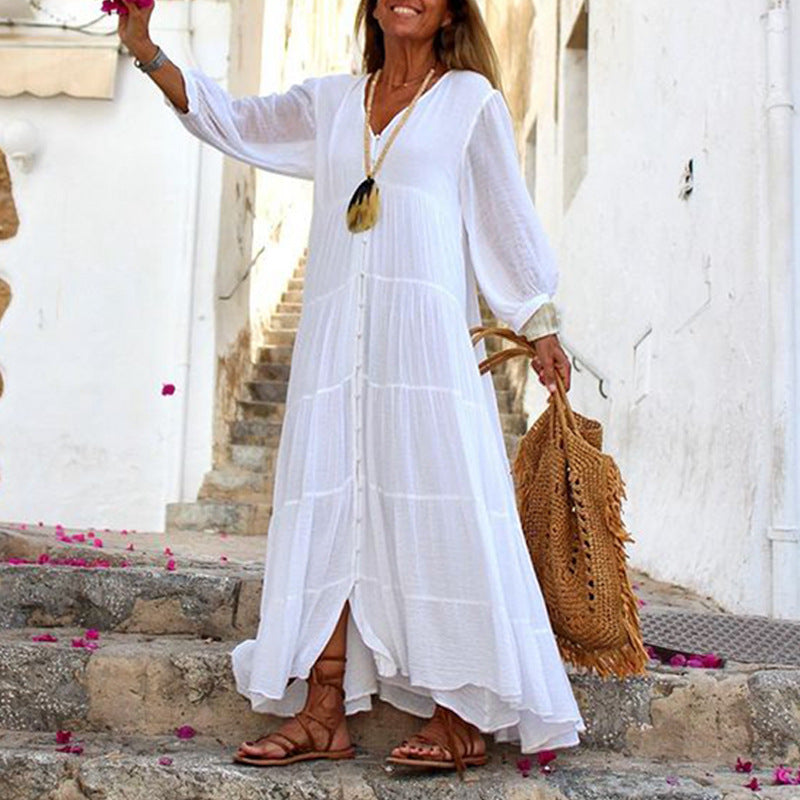 Summer Women Casual Solid Color Bohemian V-Neck Long Sleeve Cotton And Linen Maxi Dress