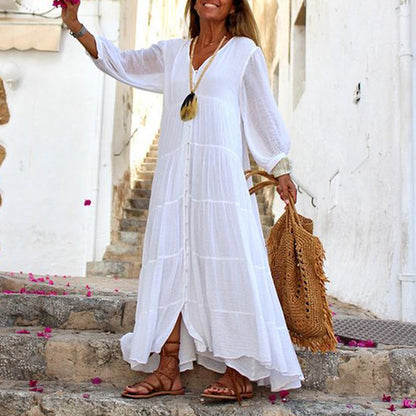 Summer Women Casual Solid Color Bohemian V-Neck Long Sleeve Cotton And Linen Maxi Dress