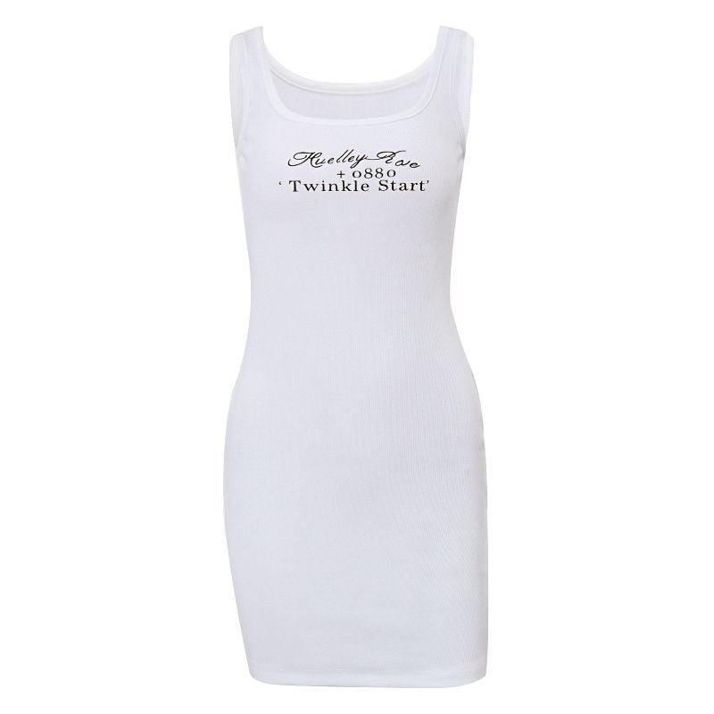 Vestido mini informal sencillo con cuello en U y estampado de letras para mujer