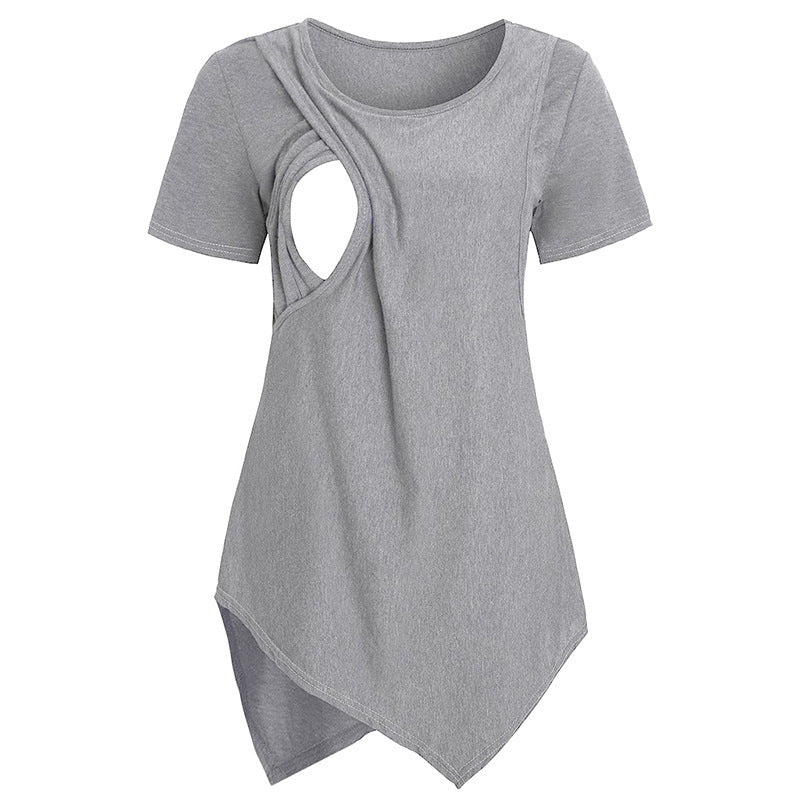 Camiseta de lactancia materna informal de manga corta con cuello redondo irregular para embarazadas