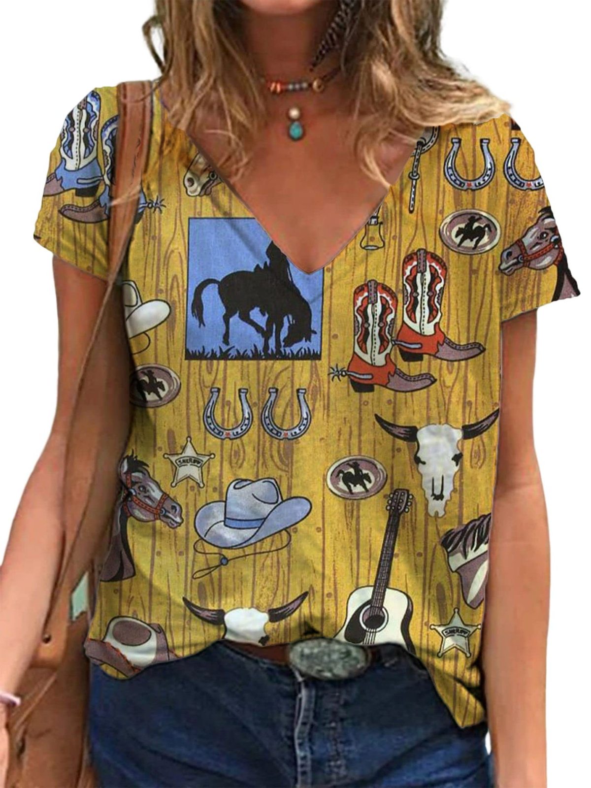 Camiseta informal holgada con cuello en V y manga corta para mujer