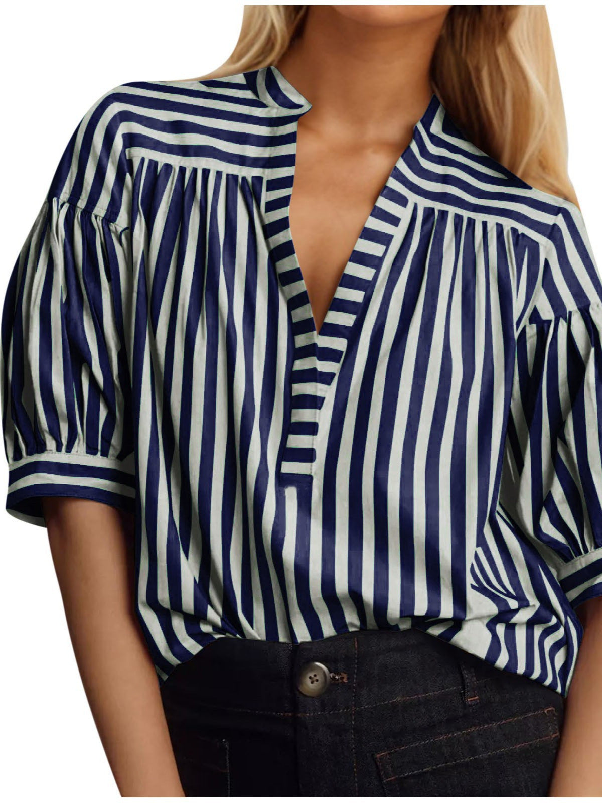 Blusa informal de manga larga con cuello en V y costuras a rayas para mujer
