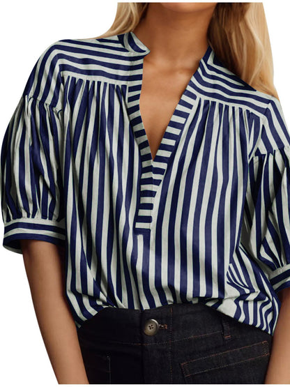 Blusa informal de manga larga con cuello en V y costuras a rayas para mujer