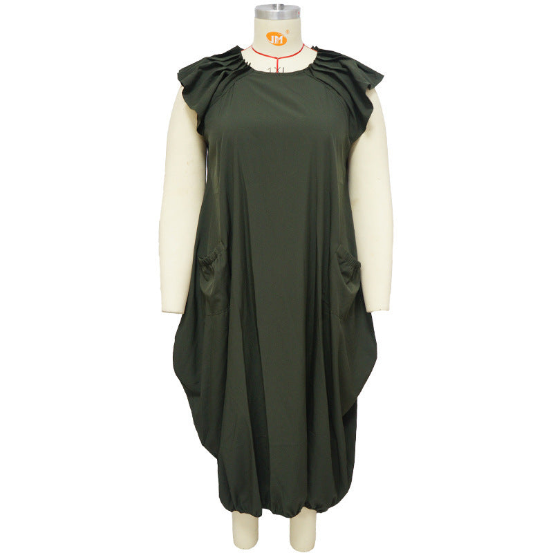 Vestido holgado informal de talla grande con mangas casquillo y volantes de color liso a la moda para mujer