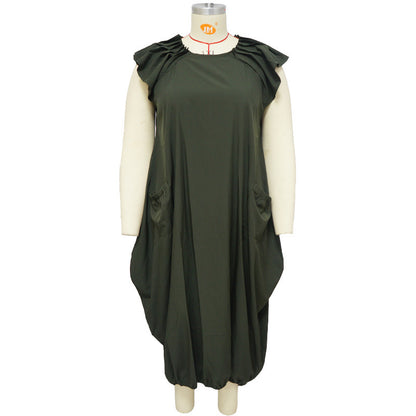 Vestido holgado informal de talla grande con mangas casquillo y volantes de color liso a la moda para mujer