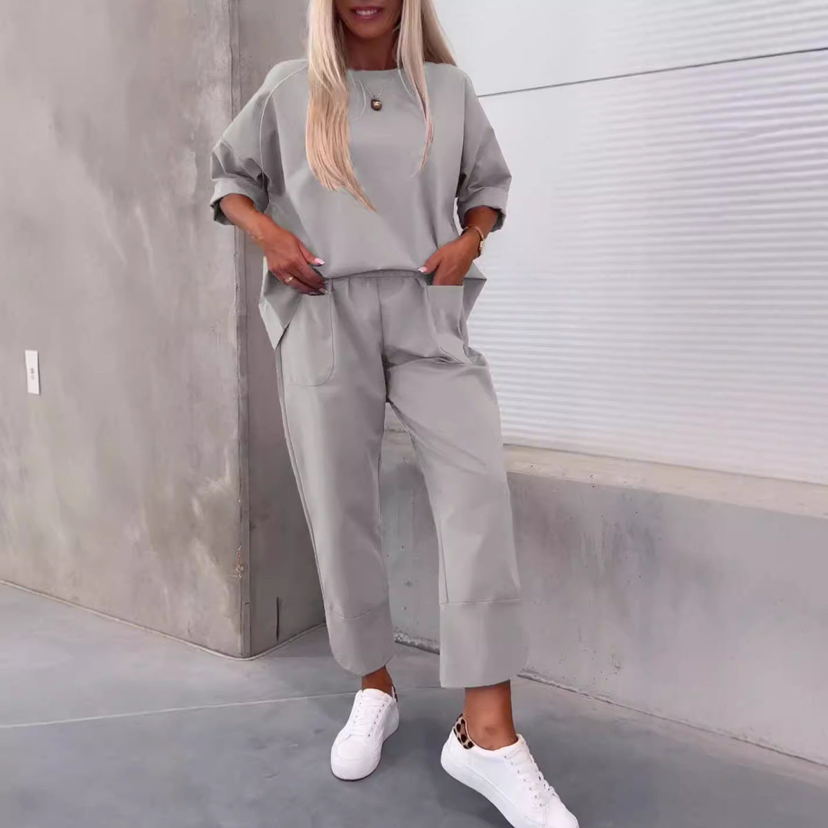 Autumn Winter Women Casual Solid Color Round Neck Long Sleeve Top Pocket Pants Two-Piece Set