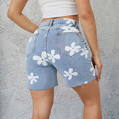 Women Fashion Casual Floral Printing Denim Shorts
