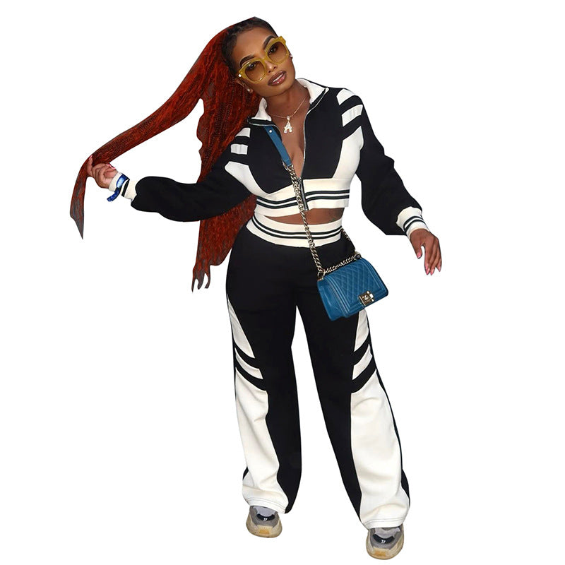 Athleisure Women Autumn Winter Contrast Color Casual Zipper Sweatshirt Wide Leg Pants Two-Piece Set