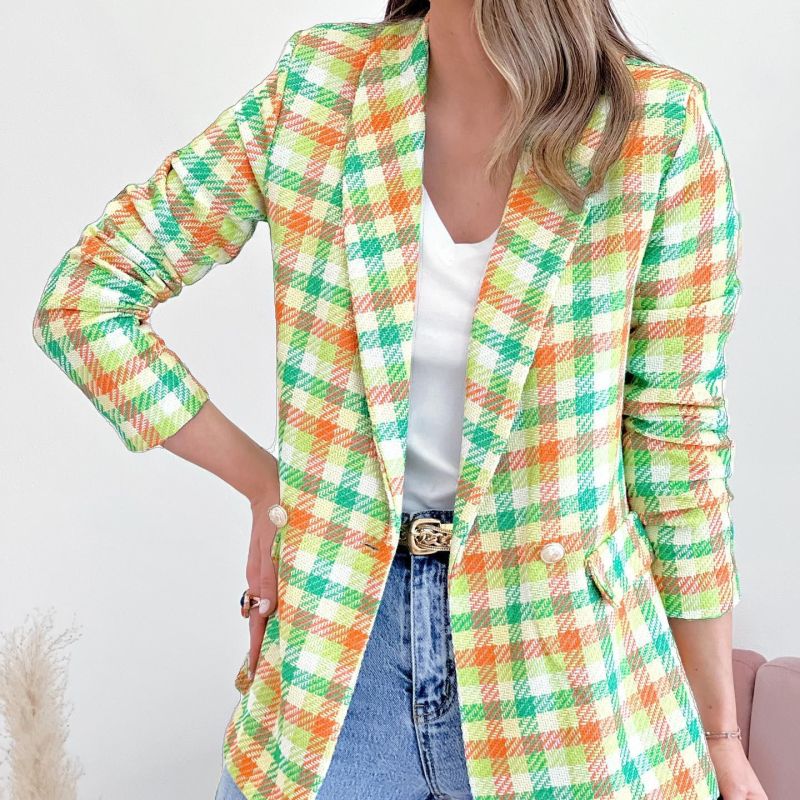 Chaqueta blazer cruzada con estampado a cuadros de manga larga informal para mujer