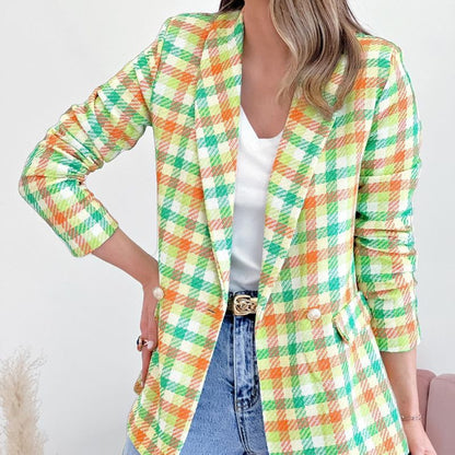Chaqueta blazer cruzada con estampado a cuadros de manga larga informal para mujer
