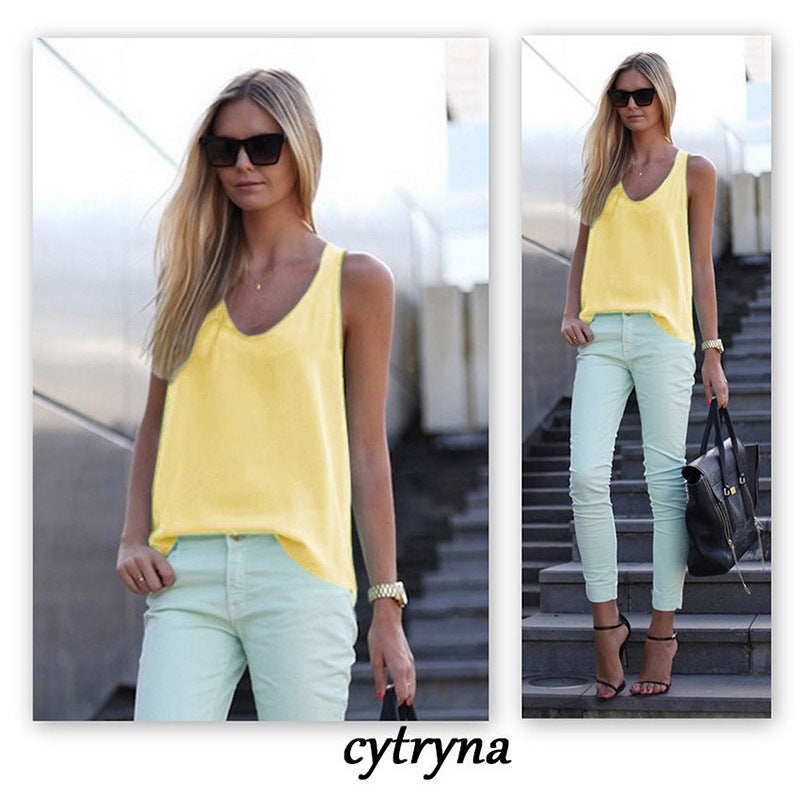 Women Casual Chiffon Solid Color Sleeveless U-Neck Tanks