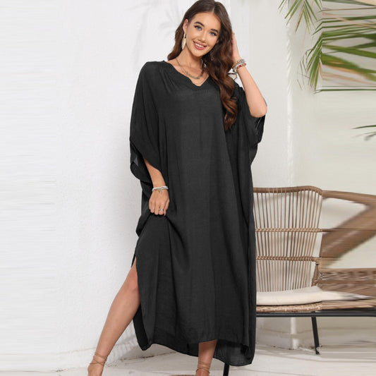 Summer Women Casual Solid Color V-Neck Loose Bikini Swimsuit Cover-Ups