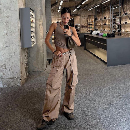 Women Fashion Casual Solid Color Loose Cargo Pants