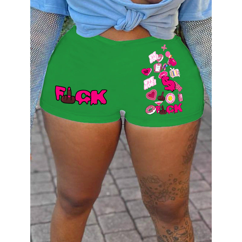 Women Fashion Casual Letter Printing Elastic Waist Shorts