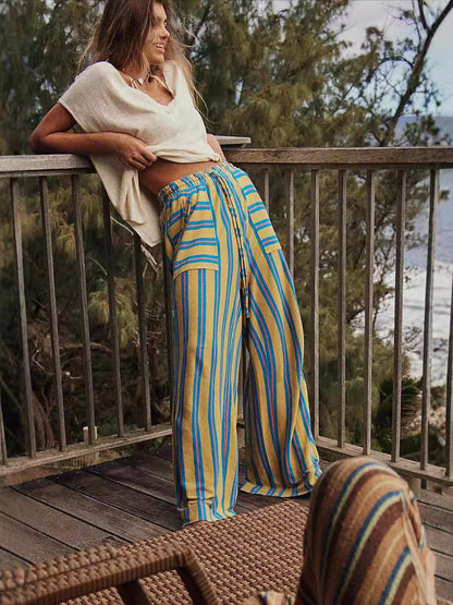 Women Fashion Casual Stripe Pocket Drawstring Wide Leg Pants