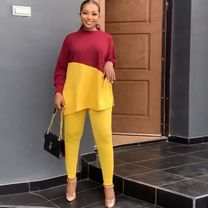 Conjunto de dos piezas de sudadera y pantalones casuales de manga larga, cuello redondo y bloques de color para mujer