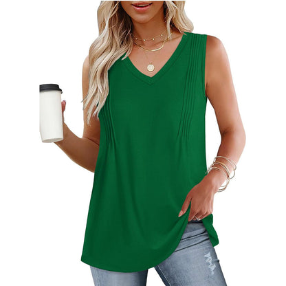 Women Casual Loose Solid Color Pleated V-Neck Tank Top