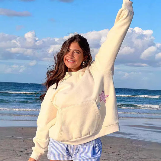 Sudadera con capucha de manga larga con bordado de estrellas para mujer